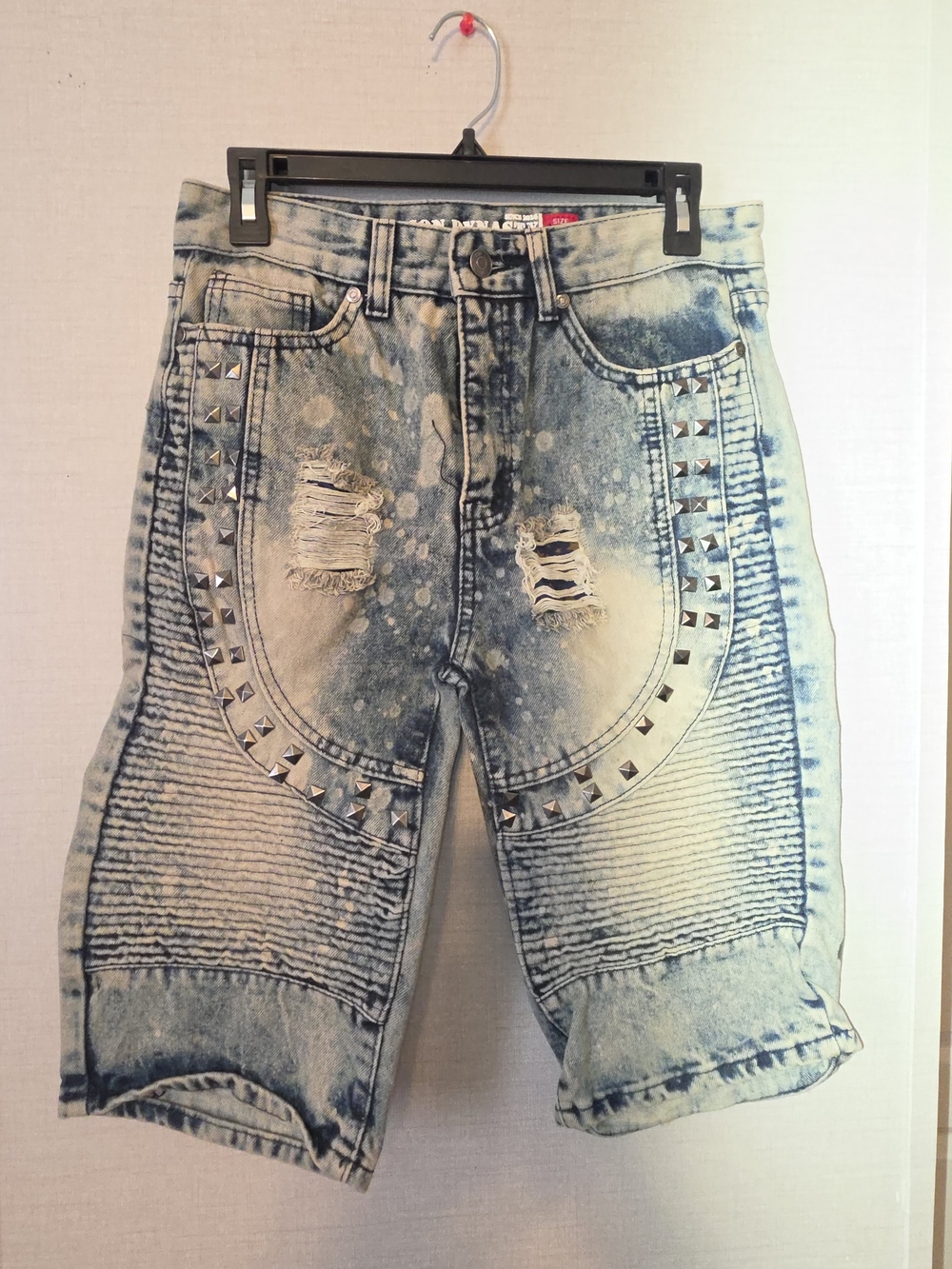 Boy's Distressed Acid-Wash Studded Denim Shorts